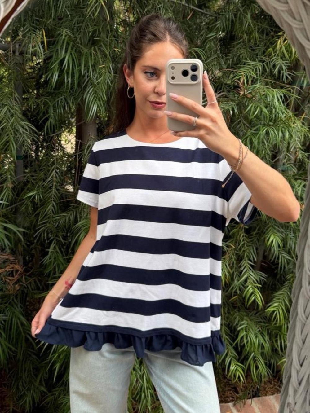 Charter Club white and navy striped ruffle top Size XL #nautical #preppy